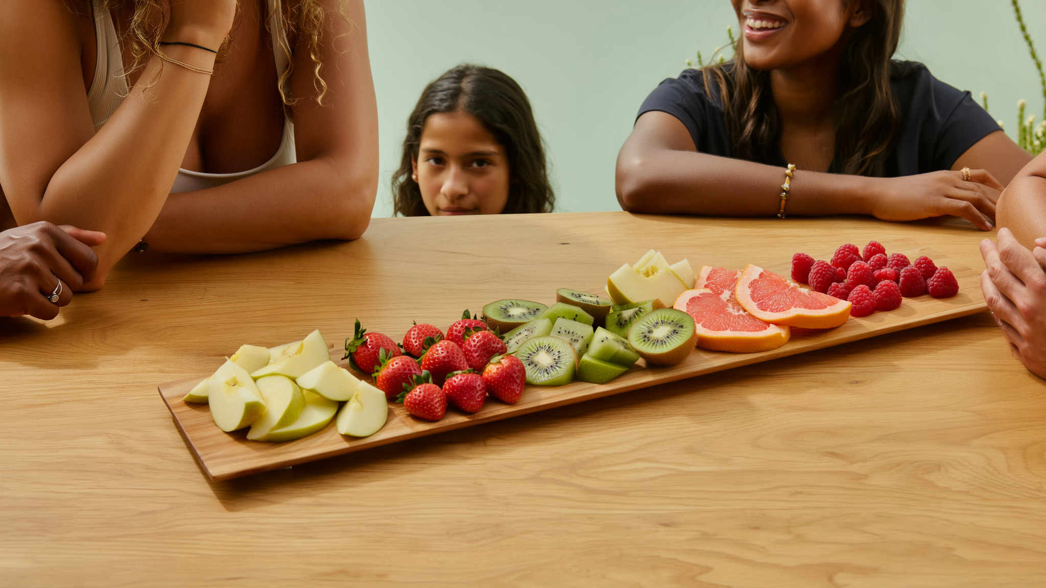 Mesa con manzana, fresas, kiwi, toronja, papaya y frambuesas en porciones medidas sobre una tabla de madera