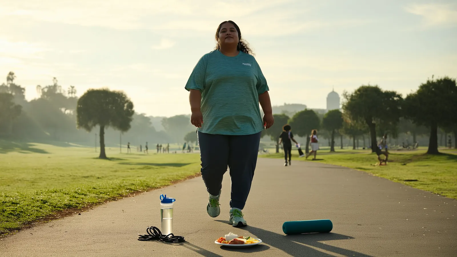 Persona caminando a paso rápido en un parque al amanecer, con una botella de agua y unas ligas de resistencia en el suelo junto a un plato con huevo, frijoles y yogur natural
