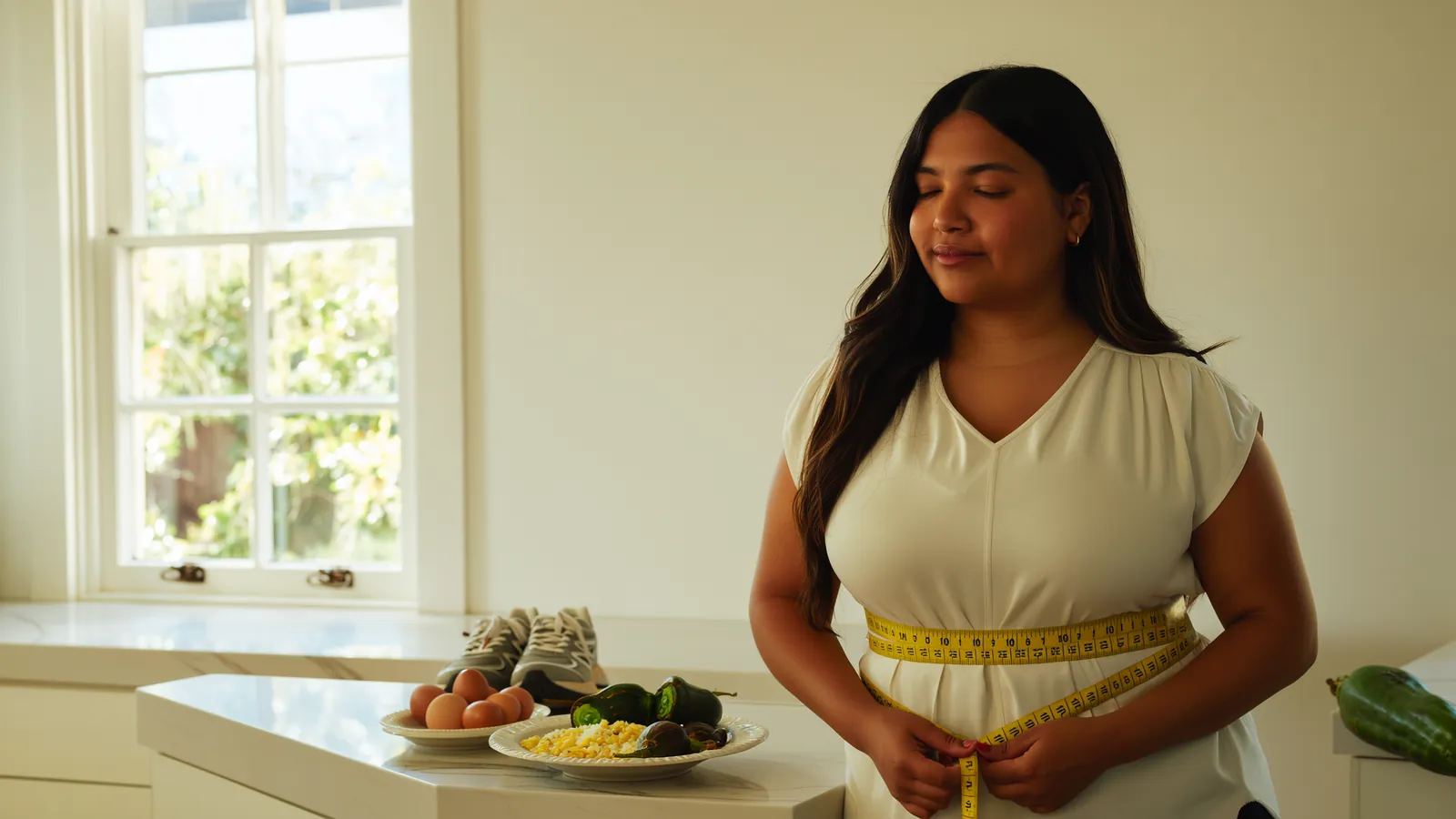 Mujer se mide la cintura con cinta métrica sobre la ropa en una cocina mexicana