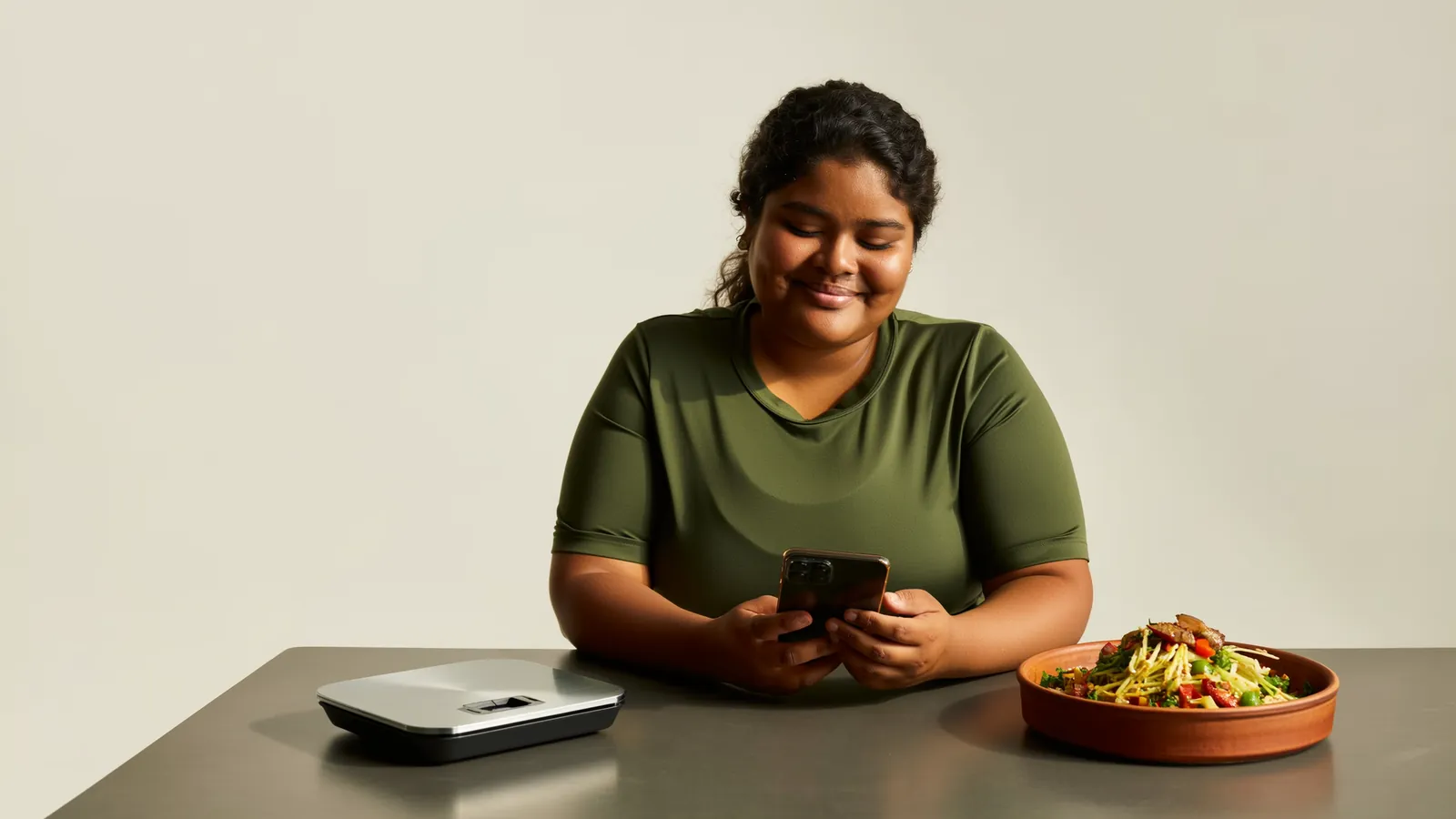 Persona registrando su comida en una app de calorías en el celular, junto a una báscula de cocina y un plato de comida mexicana