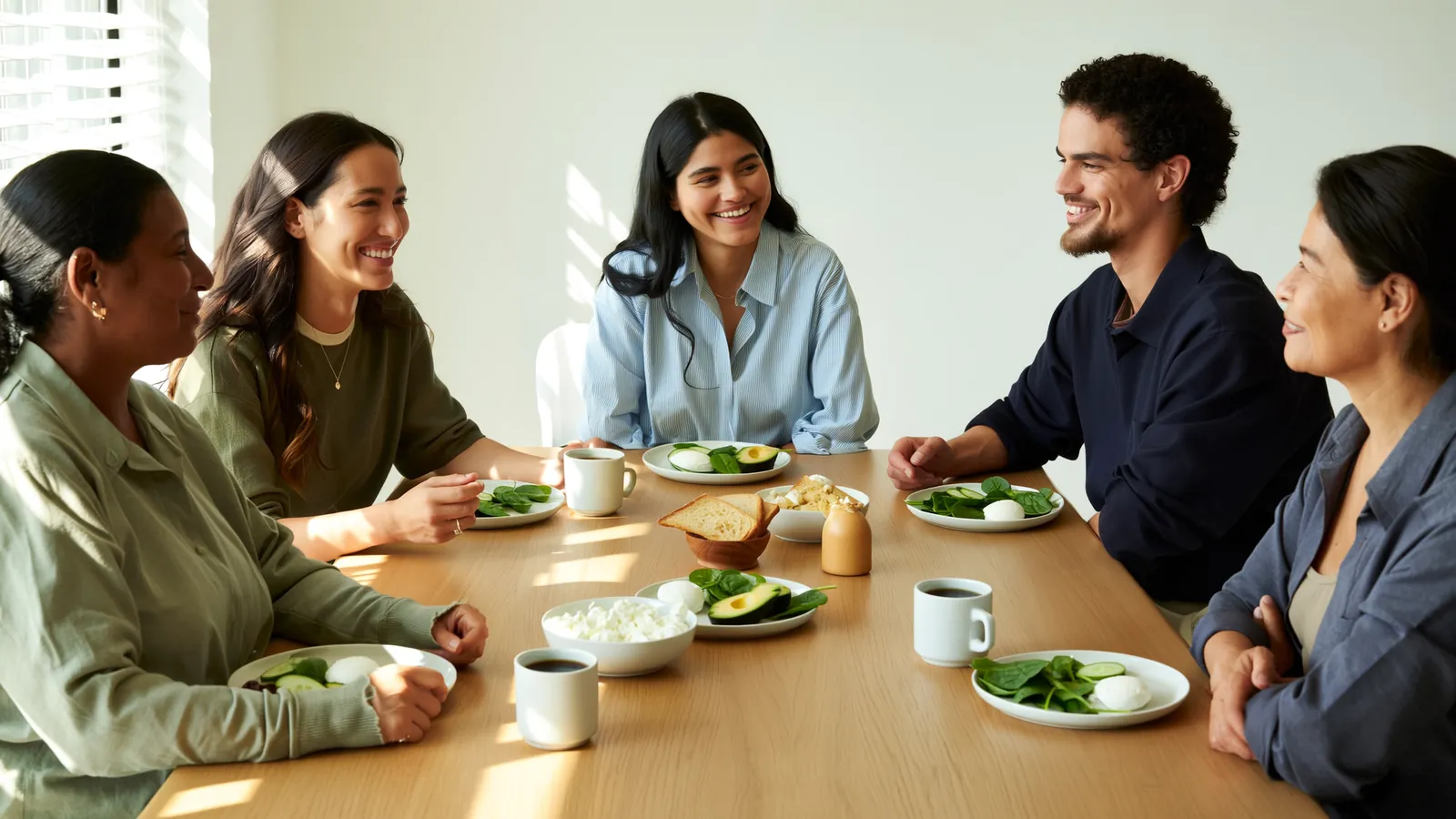 Mesa con desayuno bajo en carbohidratos: huevos con aguacate y espinacas, requesón con pepino y café sin azúcar