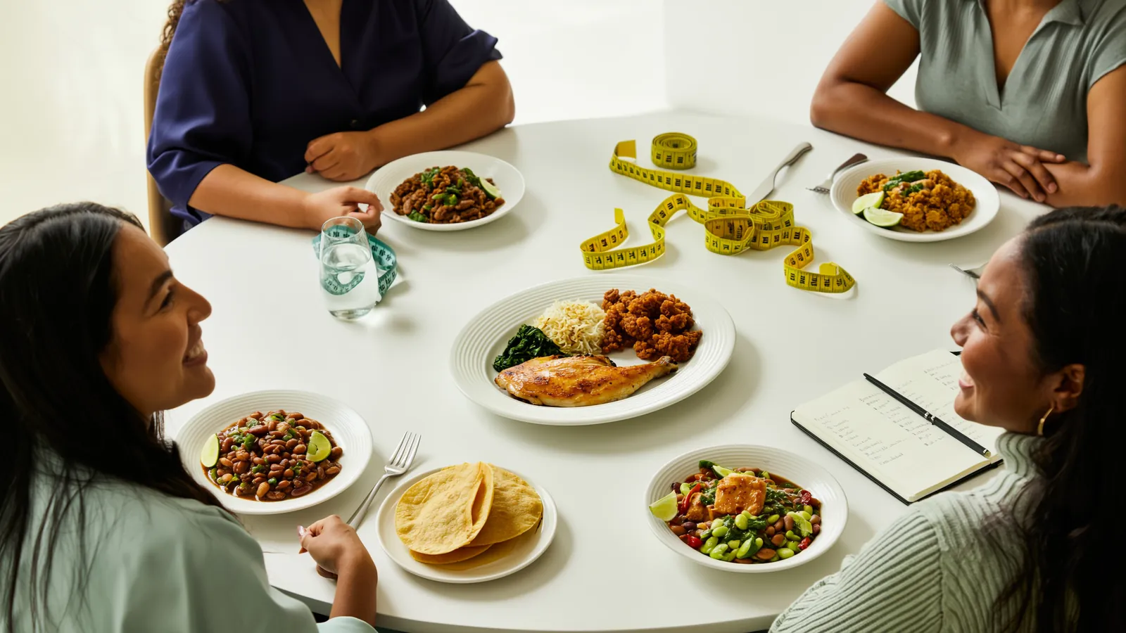 Mesa con platos mexicanos balanceados (pollo a la plancha, ensalada de nopales, frijoles y tortilla de maíz) junto a una cinta métrica y una libreta con el plan semanal