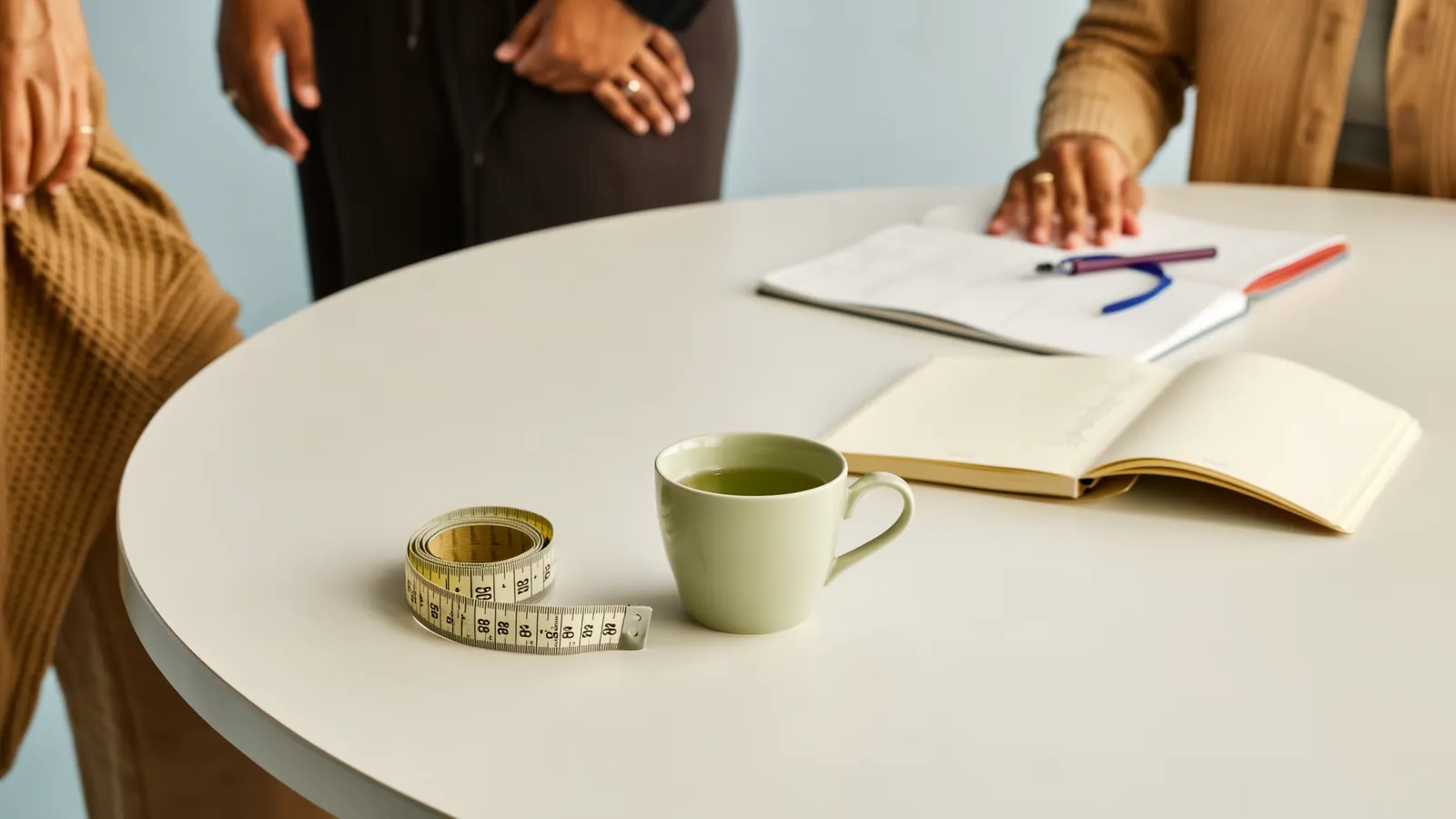 Taza de té verde sin azúcar junto a una cinta métrica y una libreta de seguimiento sobre una mesa de cocina
