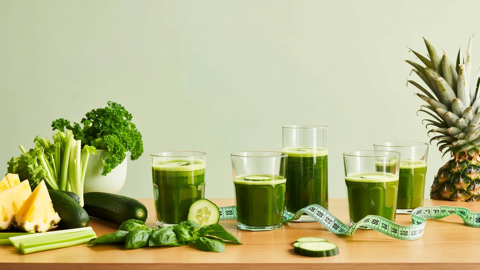 Siete vasos de jugos verdes (pepino, apio, espinaca, piña) sobre una mesa de cocina con verduras frescas enteras y una cinta métrica