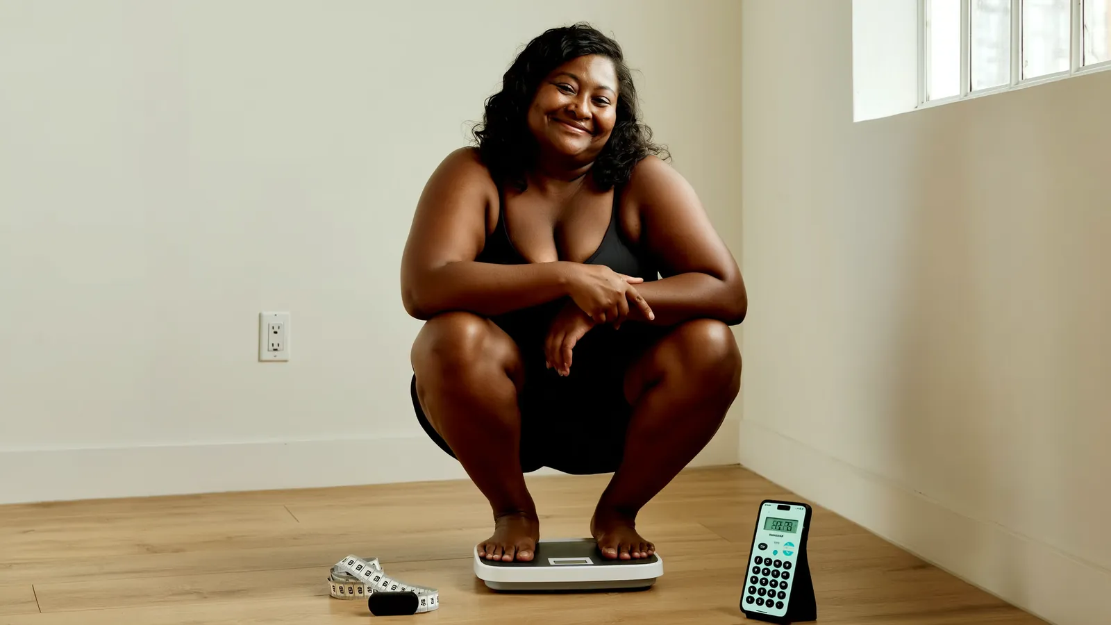 Persona adulta midiendo su peso en una báscula digital en casa junto a una cinta métrica y un teléfono con una calculadora de IMC