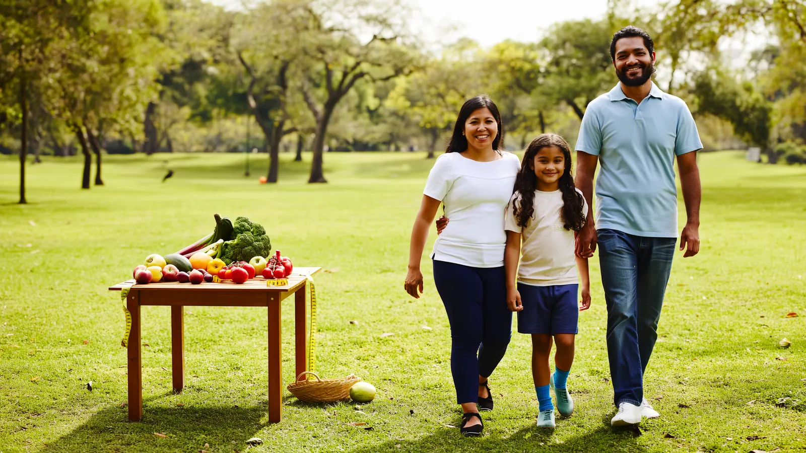Familia mexicana caminando en un parque con frutas y verduras frescas y una cinta métrica sobre una mesa