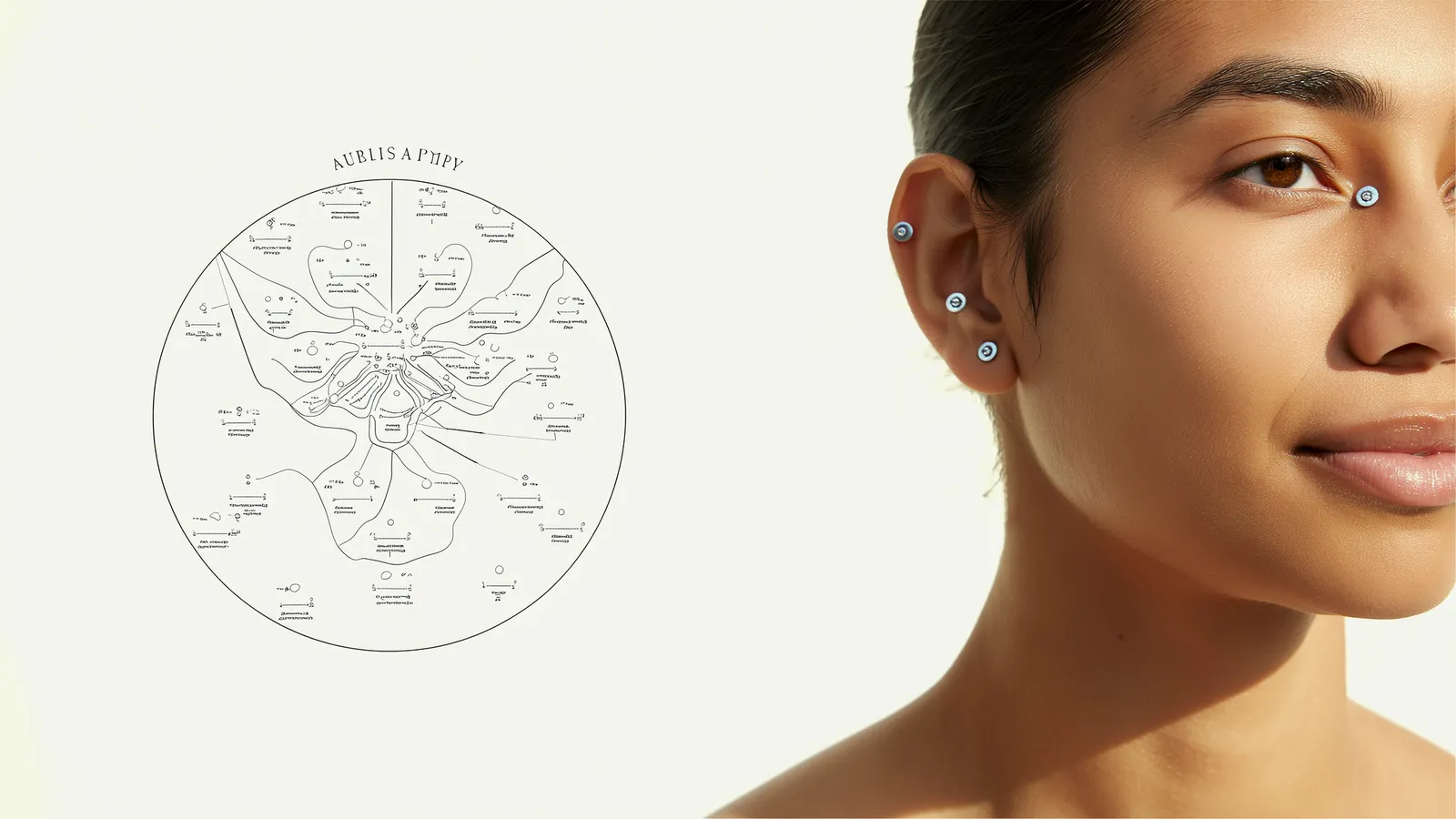 Primer plano de una oreja con balines adheridos sobre puntos de auriculoterapia, junto a un mapa auricular ilustrado