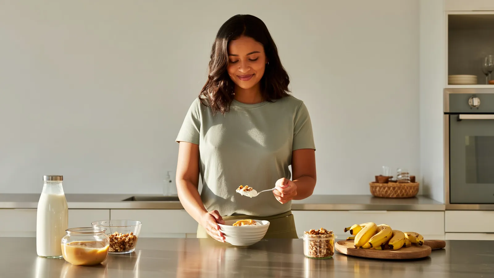 Mujer joven preparando en su cocina un desayuno calórico y nutritivo con avena cocida en leche, plátano, nueces y crema de cacahuate