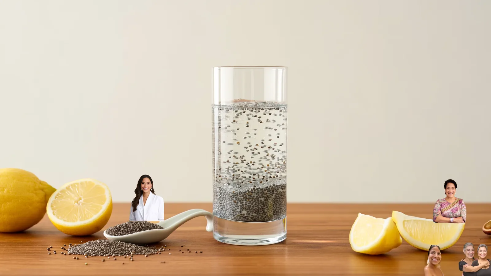 Vaso de agua de chía con semillas hidratadas formando gel, junto a una cuchara con semillas y rodajas de limón sobre una mesa de cocina