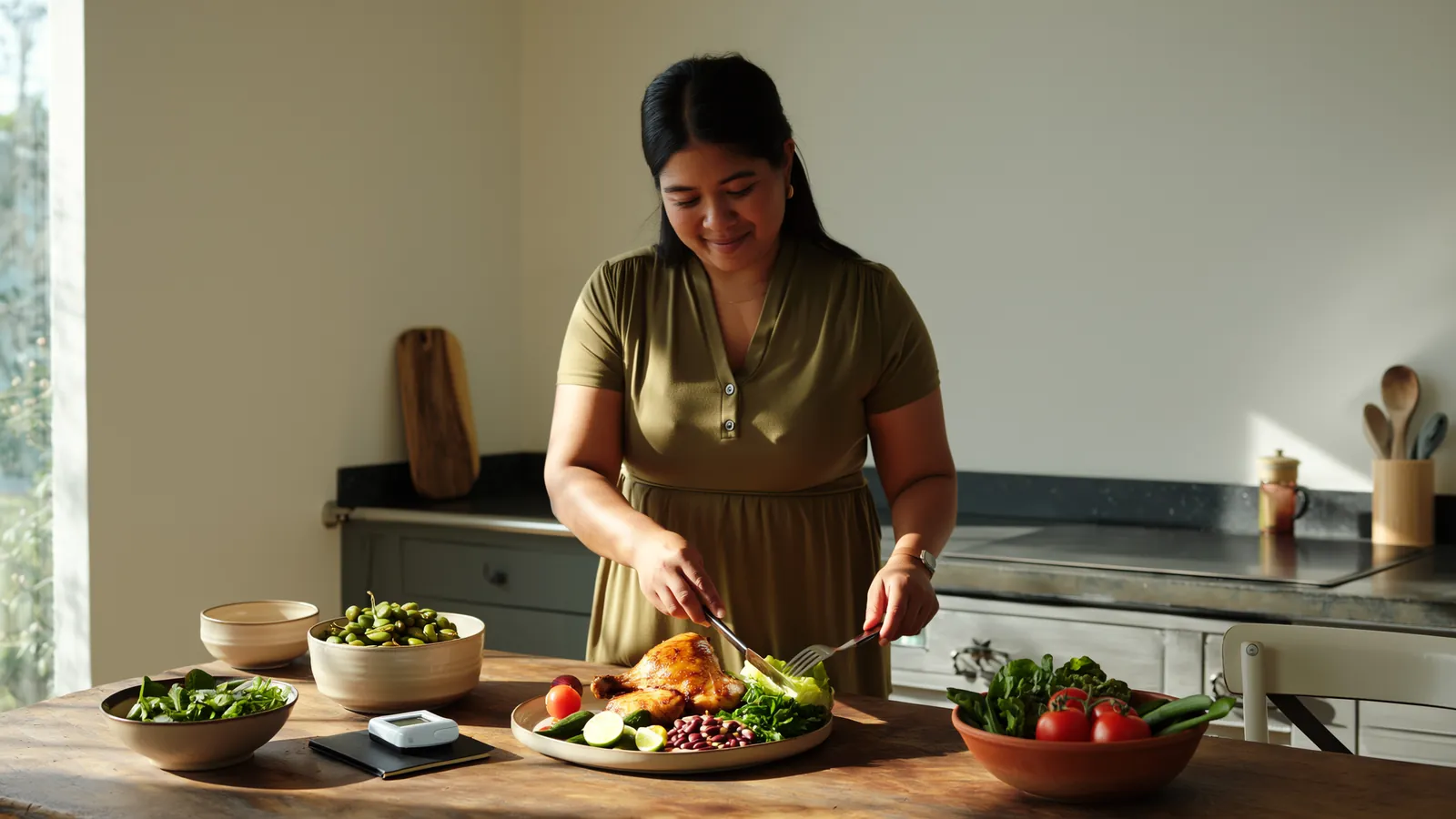 Mujer adulta preparando en casa un plato con pollo, nopales, frijoles y verduras, con una báscula y una libreta de registro sobre la mesa