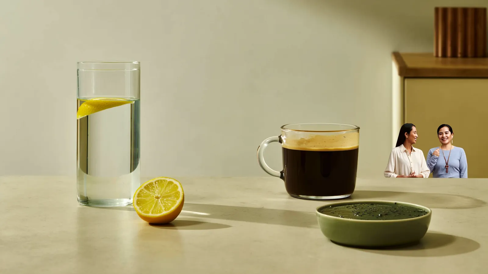 Vaso de agua con limón, taza de café negro y tazón con gel de chía sobre una mesa de cocina por la mañana