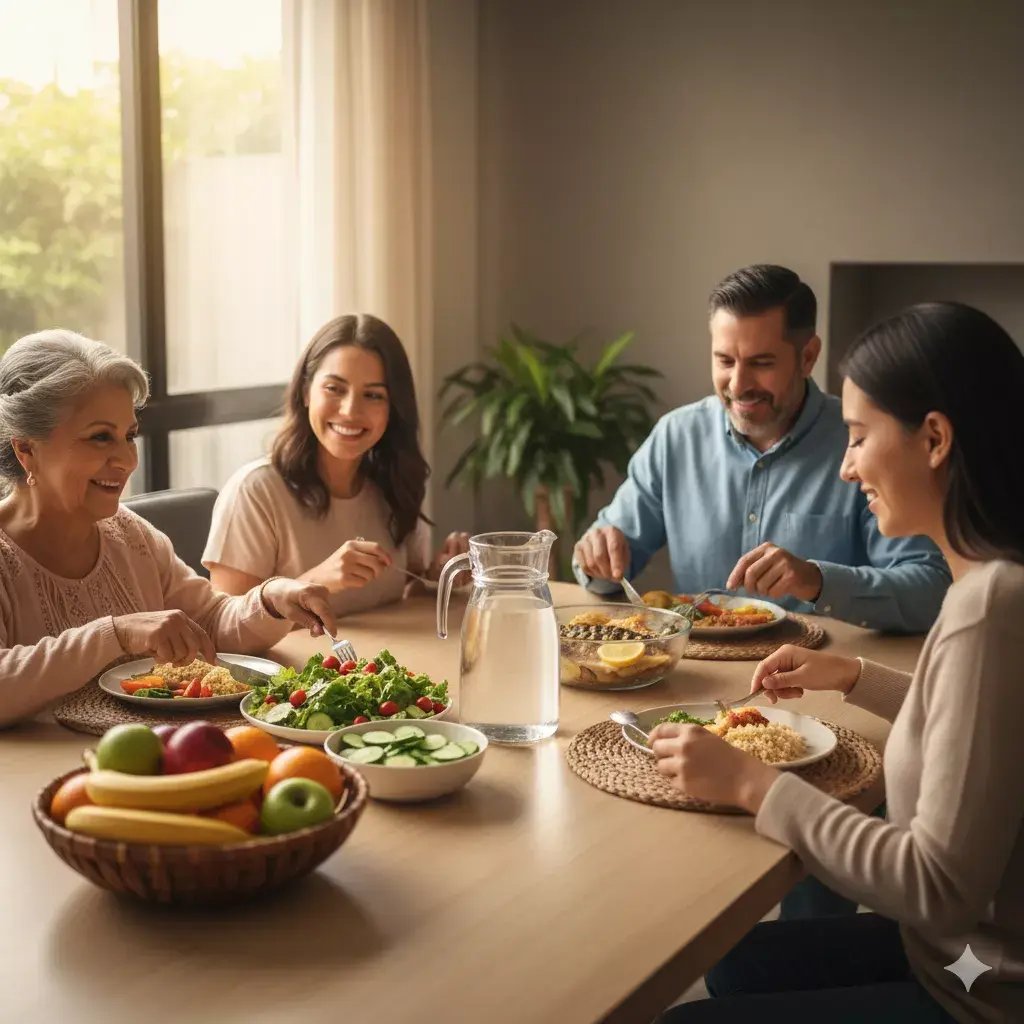 Familia mexicana sirviéndose una comida saludable