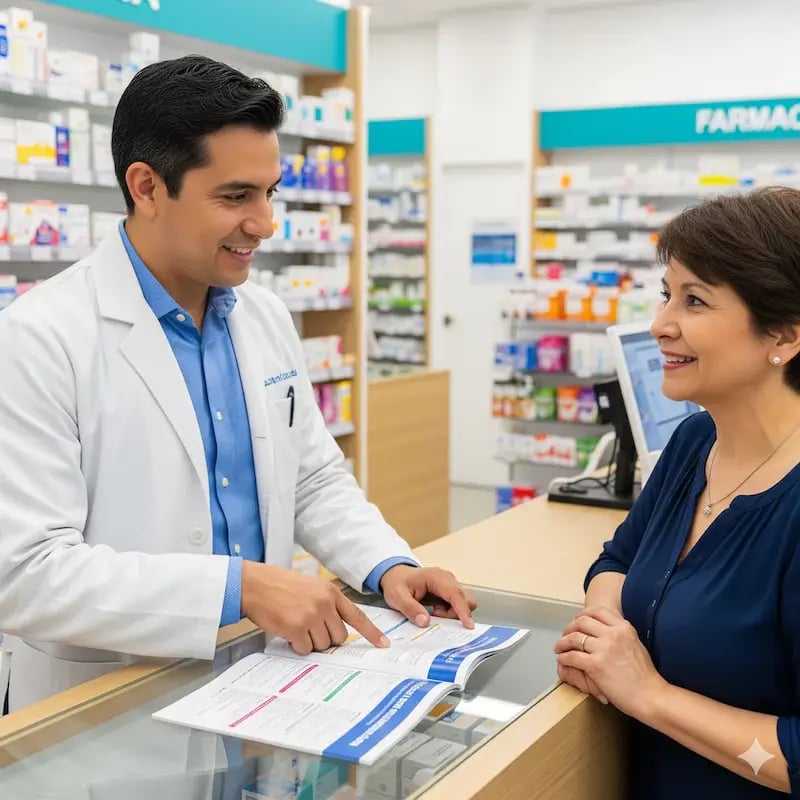 Farmaceútico mostrando el catálogo a cliente