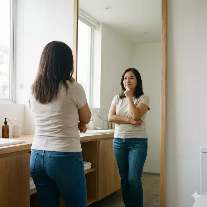 Mujer viéndose al espejo, pensando con un enfoque en la autorreflexión y el cuidado personal