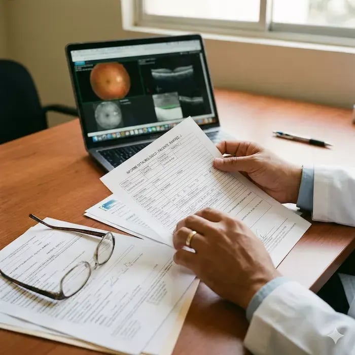 Primer plano fotográfico de manos de un médico mexicano revisando un documento de reporte oftalmológico sobre una mesa de consultorio. Se observan gafas de lectura descansando sobre papeles médicos, una laptop abierta mostrando imágenes de retina, y un bolígrafo. Iluminación natural indirecta. Enfoque en las manos y los documentos