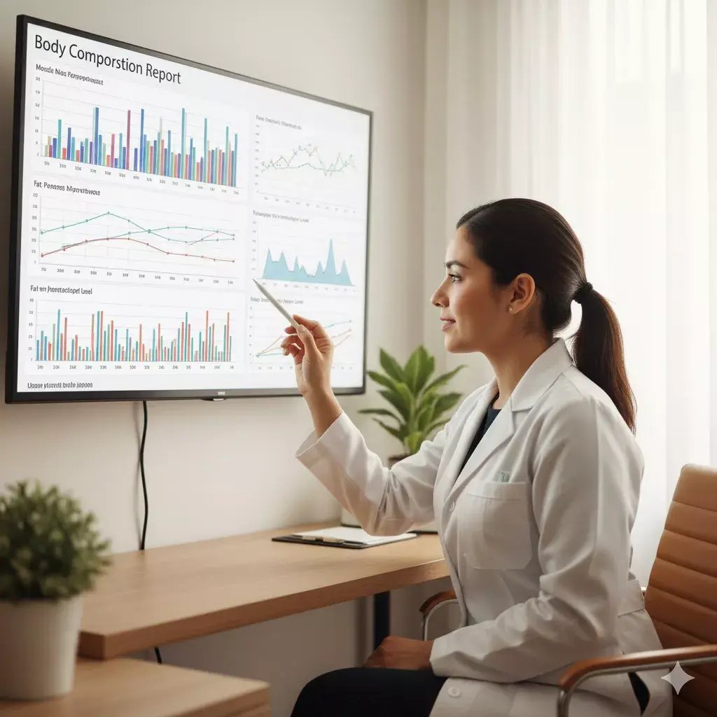 médica interpretando un reporte de seguimiento de composición