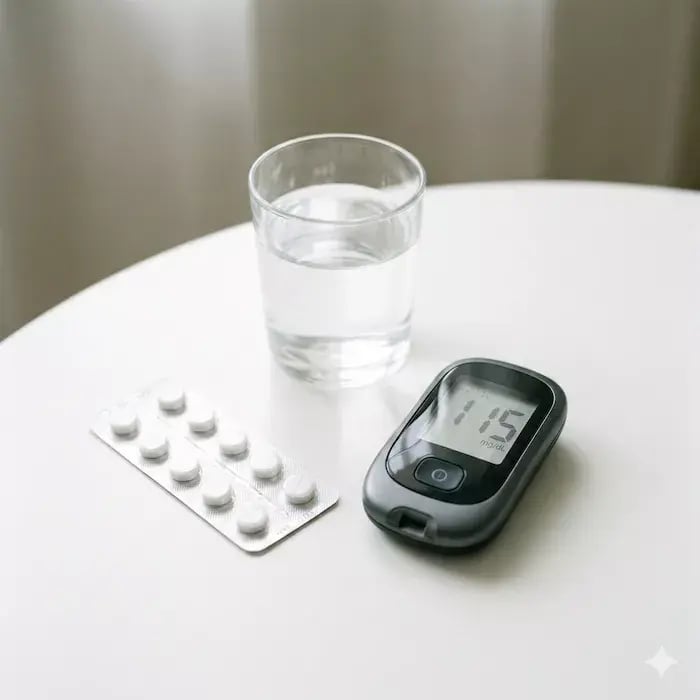 producto farmacéutico en mesa blanca con luz natural difusa. Se muestra un blister de pastillas blancas junto a un vaso de agua cristalina y un medidor de glucosa moderno