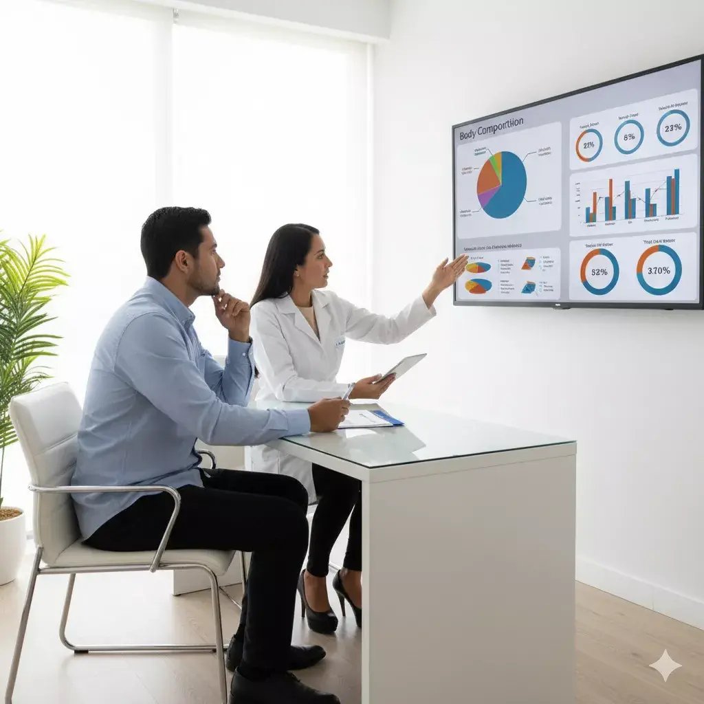 revisando los resultados de un bodyscan junto a su paciente