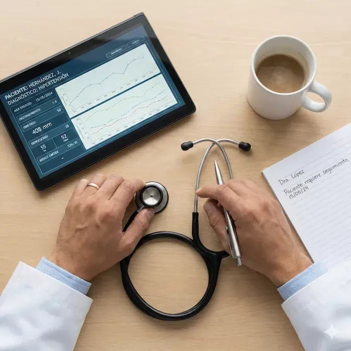 Fotografía cenital de una mesa de trabajo médico profesional en luz natural suave. Se observa un estetoscopio negro moderno, una tablet mostrando datos clínicos, una taza de café blanca a medio tomar, un bloc de notas con anotaciones médicas, y una pluma plateada. El fondo es una superficie de madera clara