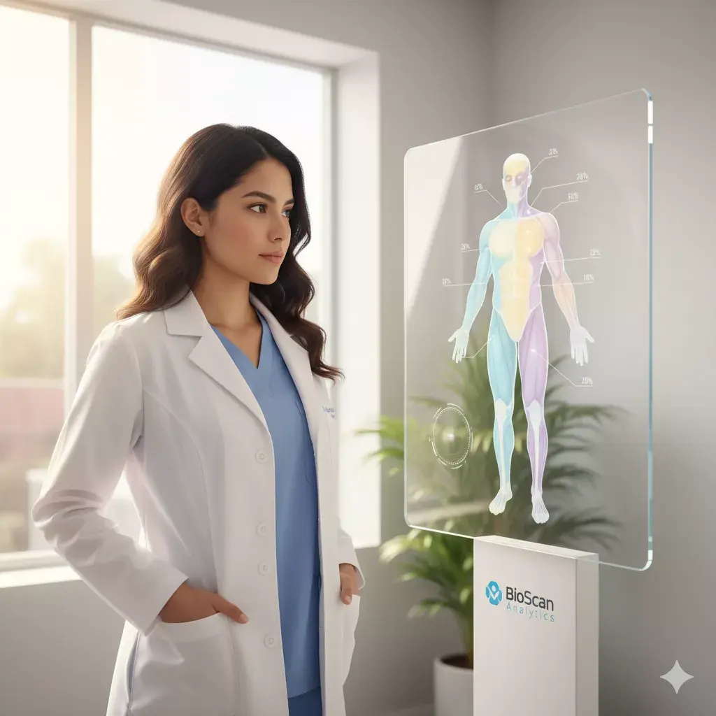 Médica utilizando el bodyscan para conocer la composición corporal de un paciente
