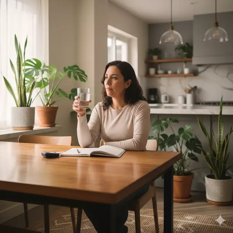 Mujer que su día a día es medirse la glucosa para tener una vida saludable