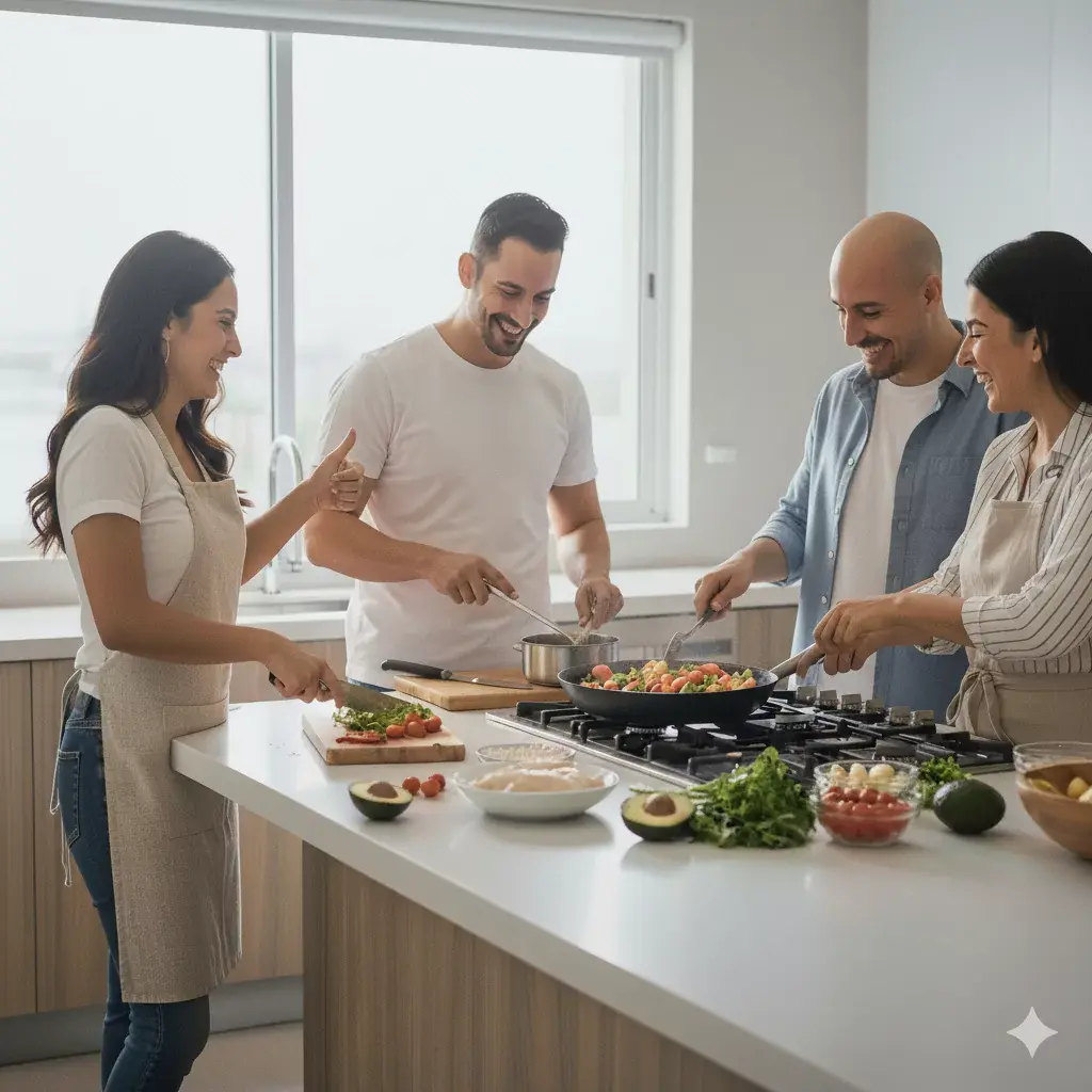 Grupo de personas cocinando comida saludable y riendo