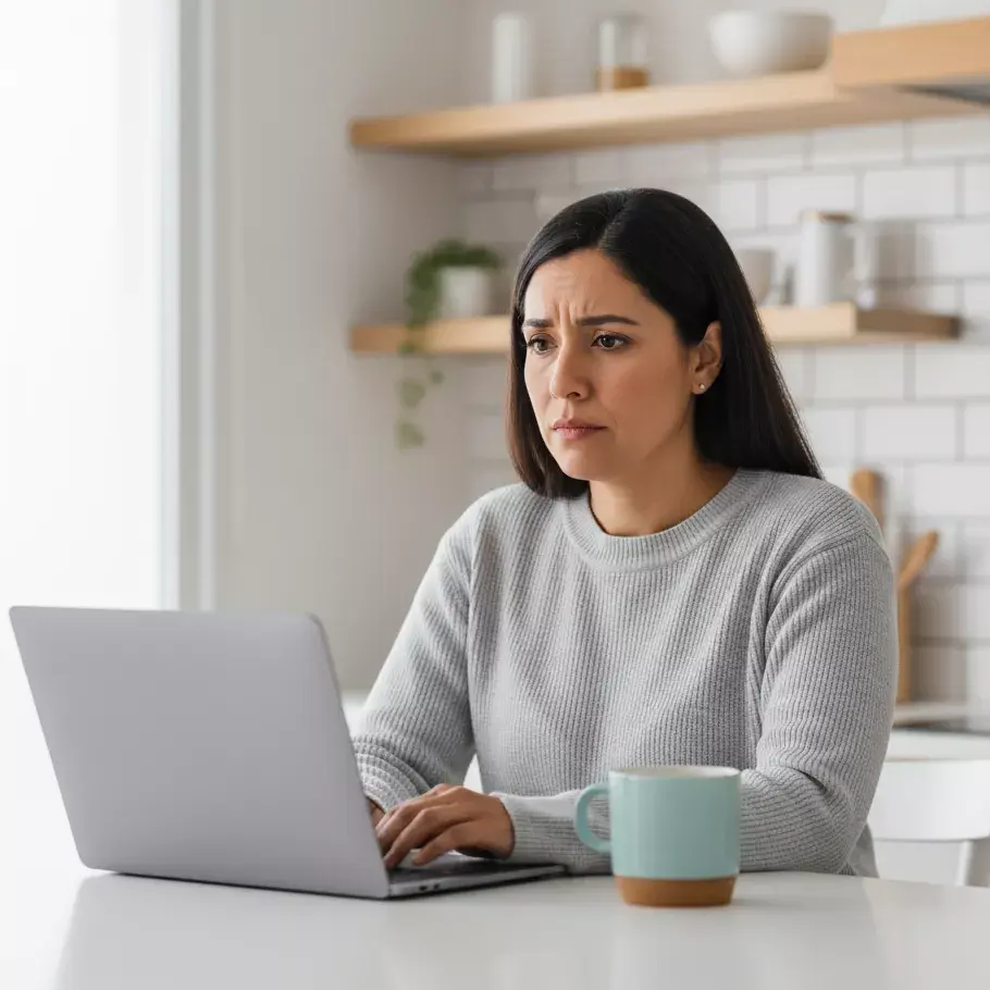 Mujer trabajando en una laptop y preocupada por la pérdida de peso.