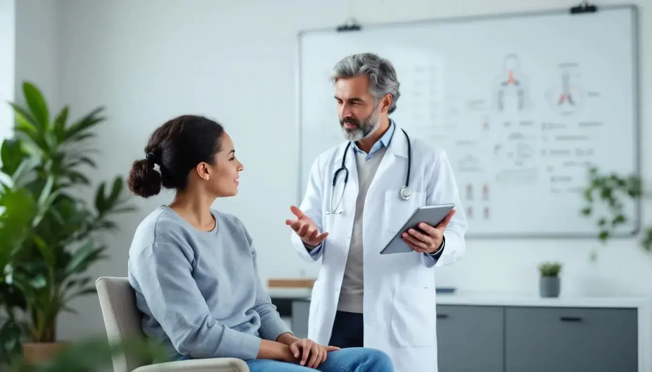 Medico y paciente hablando sobre el uso de medicinas