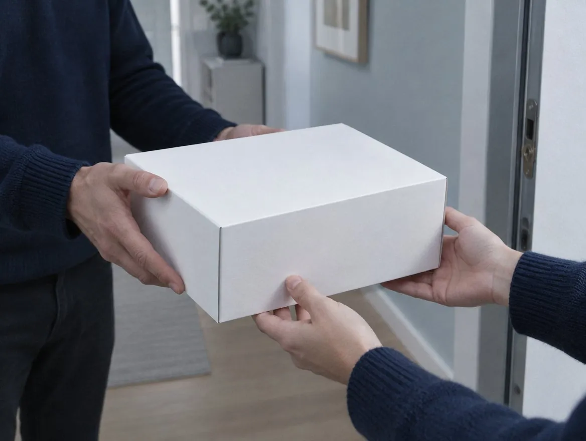 Manos recibiendo una caja blanca sin marcas en la puerta